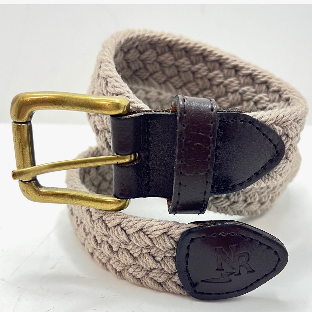 Northern Reflections Vtg Cotton Braided Belt Beige Leather Brass Buckle Size‎ M